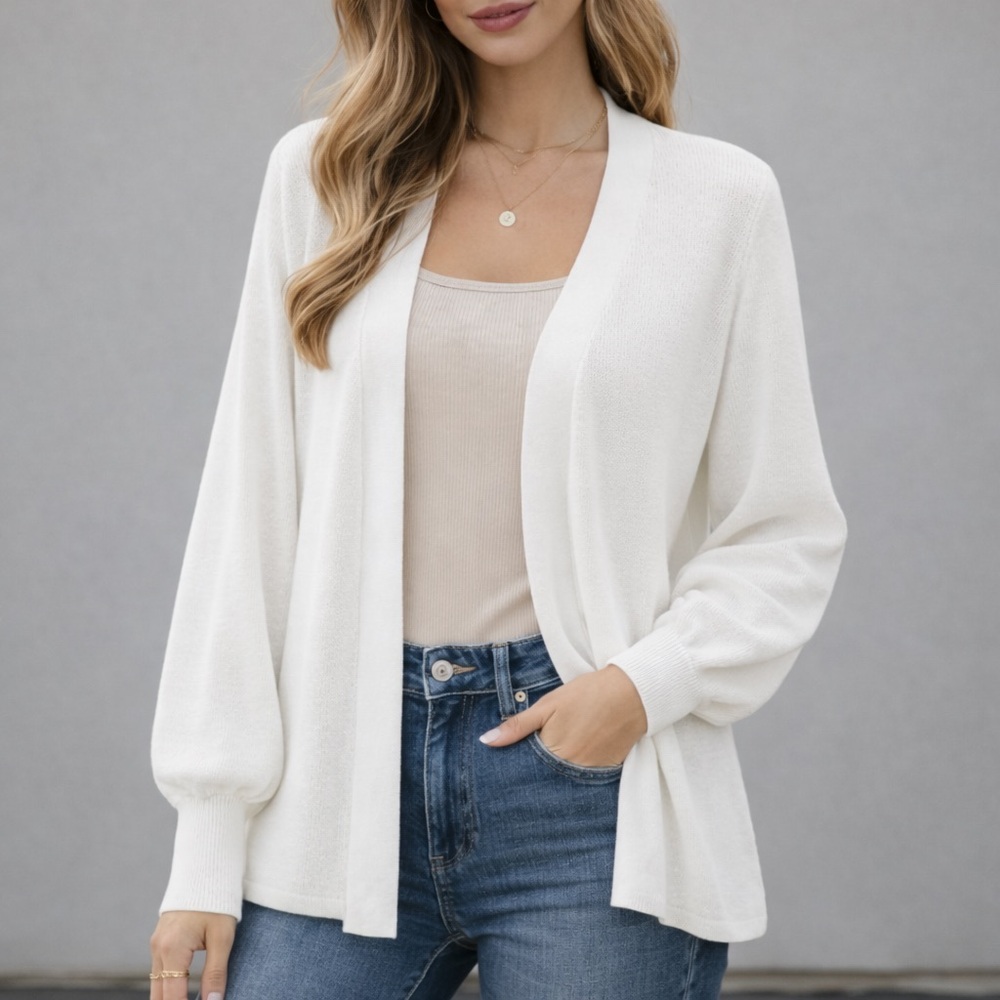 LOFT Cardigan Knit Sweater Open Front Ivory White Oversized Statement Sleeves XS